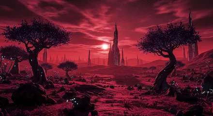 Fototapete Alien landscape at sunset with surreal red sky and futuristic city in distance © Kepler