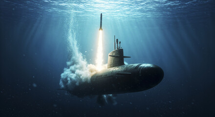 Underwater submarine launching missile into illuminated ocean depths
