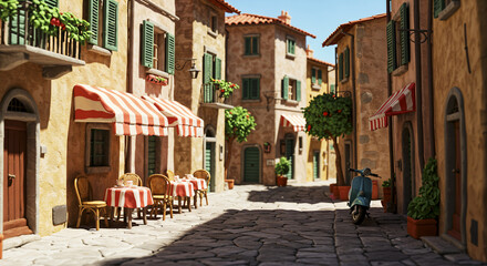 Charming italian village street with cafe tables and scooter on a sunny day
