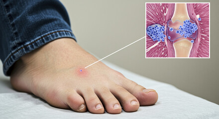Close-up of gout inflammation on foot with detailed uric acid crystal inset