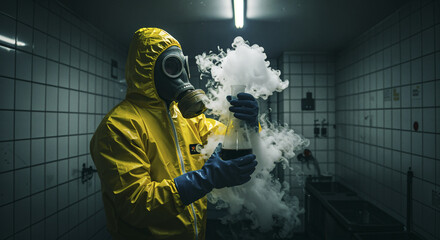 Scientist in protective gear conducting experiment with smoke in laboratory