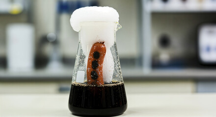 Foaming reaction: chemistry experiment in beaker with bubbling soda and hotdog