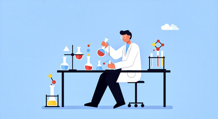 Scientist conducting experiments in a laboratory with chemical equipment on blue background