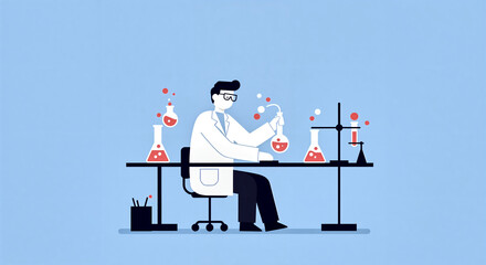 Scientist conducting experiments in a modern laboratory setting with beakers and test tubes
