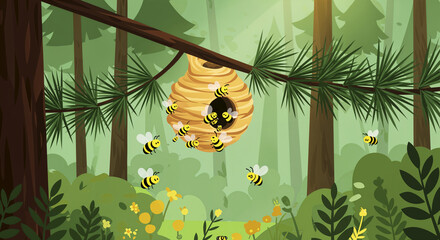 Buzzing bees around a hive in lush forest setting with wildflowers