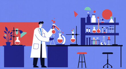 Scientist in laboratory conducting experiments with equipment and chemicals