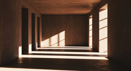 Sunlit minimalist interior: modern architecture with geometric shadows and warm tones