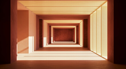 Geometric symmetry in sunlit corridor with warm tones and long shadows
