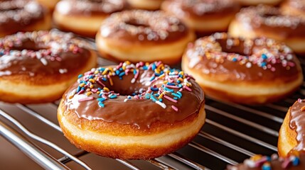 A tempting array of freshly baked chocolate donuts, generously topped with colorful sprinkles, presents an irresistible treat that tantalizes the senses and evokes delight.