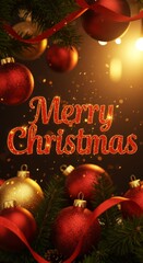 Festive merry christmas greeting with red and gold ornaments for holiday decor