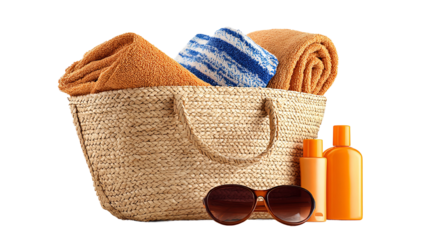 A woven bag brimming with summer essentials such as rolled beach towels, sunscreen, and sunglasses, epitomizing the carefree spirit of a relaxing beach day.