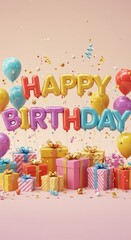 Colorful birthday celebration scene with balloons and gifts
