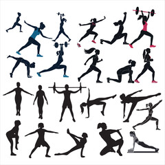 various woman Gym fitness exercising silhouettes