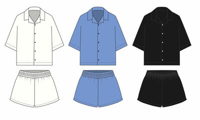 Collection of pajama shirt and shorts designs, white, blue, black colors. Sketch of summer shorts with elastic band and short sleeved shirt. Blank template of suit shorts and shirt with pocket.