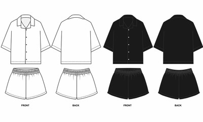 Sketch of pajama shirt and shorts in black and white. Sketch of shorts with elastic band and shirt with short sleeves. Pattern of shorts and shirt with lapel collar front and back view.