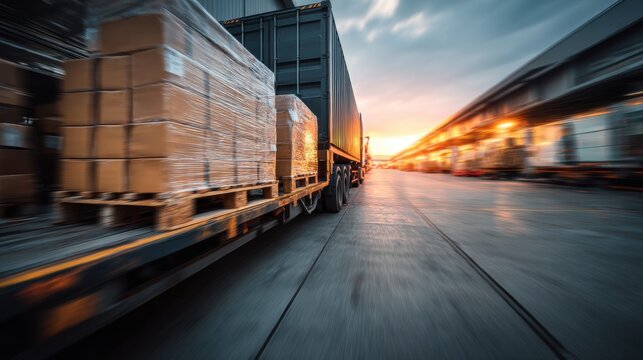 Ultra quality image of blurred view of a freight truck with parcels on wooden pallets, ready for shipping at a modern warehouse in the logistics and transport industry during sunset.