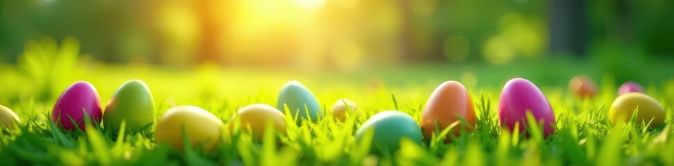 Colorful Easter eggs hidden in a verdant field bathed in sunlight, lawn, colorful, springtime