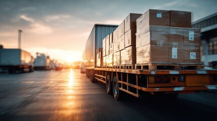 Ultra quality image of blurred view of a freight truck with parcels on wooden pallets, ready for shipping at a modern warehouse in the logistics and transport industry during sunset.
