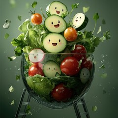 Funny cartoon vegetables jumping out of a salad bowl on green background, playful and vibrant scene.