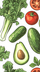 Vertical Seamless Pattern of Fresh Vegetables – Vector Set
