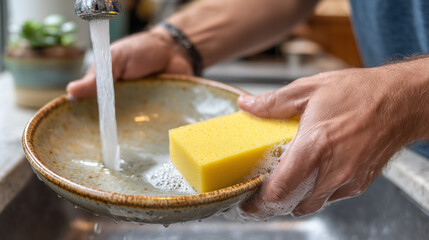 Washing Dishes by Hand with Yellow Sponge and Soap Bubbles