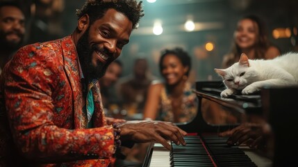 Obraz premium A vibrant scene featuring a smiling pianist performing at a lively gathering while a cat rests on the piano, encapsulating joy, music, and social connection in a warm ambiance.