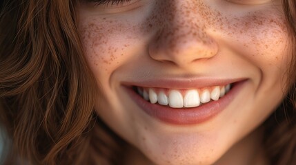 Close-up of a cheerful woman smiling brightly, displaying perfect white teeth and highlighting her natural freckles, capturing the essence of beauty and dental health
