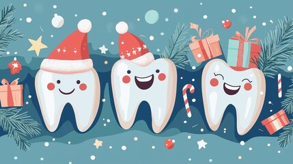 Playful and cheerful illustrations of cartoon teeth with big smiles, wearing Christmas hats and surrounded by festive elements holly, and snowflakes. a joyful, lighthearted holiday mood