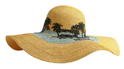 An artistic beach hat that captures the essence of tropical vacation, exuding summer vibes. The wide brim, decorated with a detailed scene, whispers of sunny days and breezy shores. 