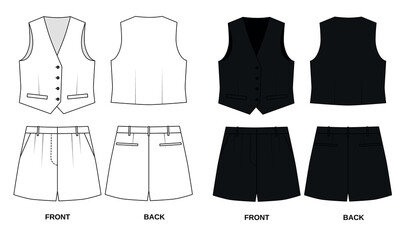 Sketch of classic vest and shorts , front and back view. Template of summer vest and shorts with pockets, vector. Outline of fashionable women's vest and short shorts in black and white.