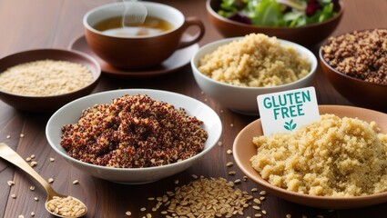 A warm, inclusive breakfast spread with fresh quinoa and buckwheat as gluten-free options, served with herbal tea and a light salad. A subtle “gluten-free” icon highlights their gentle nutrition