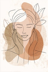 Natural skincare routine at home, Modern Line Art + Watercolor, beautiful woman with hands on face, soothing facial care, earthy tones
