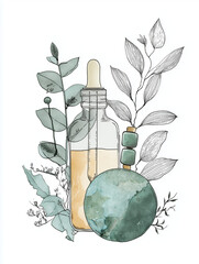 Natural skincare routine at home, Modern Line Art + Watercolor, beauty products, green leaves, skincare bottle, herbal decorations