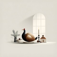 Christmas turkey with candle, pine branch and decor on table in front of arched window in cozy festive home