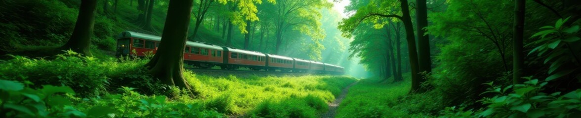 Emerald green canopy surrounds a train, peaceful landscape , lush, forest, outdoors