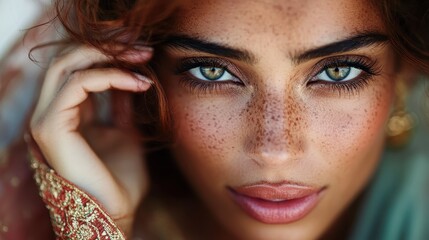 An enchanting close-up portrait of a young woman with striking green eyes and freckles, exuding beauty and confidence with an elegant touch.