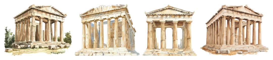 Fototapeta premium PNG Ancient Greek temple illustrations, element set on transparent background