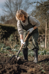Spring Gardening with Shovel &ndash; Woman Working Outdoors in Overalls