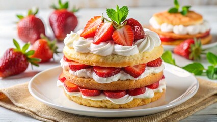 Strawberry shortcake &ndash; Layered dessert with strawberries, cream, and soft biscuits.