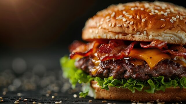 A mouth-watering close-up of a juicy bacon cheeseburger, showcasing the rich layers of flavors, fresh ingredients, and perfect presentation, ideal for food enthusiasts and marketers. - Powered by Adobe