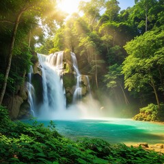 summer background : Tropical Waterfall Hidden in Rainforest
