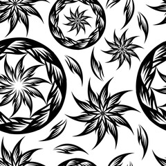 Vector Seamless Black and White Rounded Circles Ornament hand drawing. Not AI. Seamless monochrome background of stars and circles mandala
