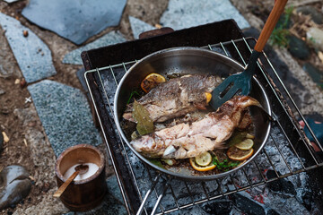 Person grilling vegetables, sausages, chicken, trout over charcoal in a backyard during summer. Outdoor cooking with real flames and smoke in a cozy home setting