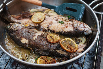 Person grilling vegetables, sausages, chicken, trout over charcoal in a backyard during summer. Outdoor cooking with real flames and smoke in a cozy home setting