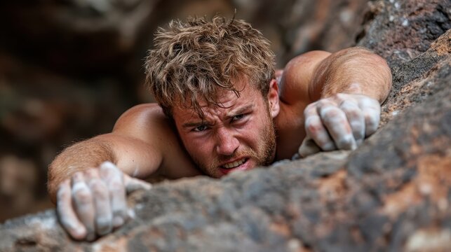 A determined climber is scaling a rocky cliff with concentration, showcasing the thrill and challenge of rock climbing amidst a rugged outdoor environment.