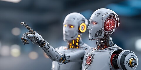 Two advanced humanoid robots with glowing eyes pointing and interacting with a holographic display.