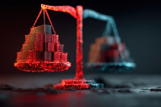 Wireframe scale tipping with weighted cargo in abstract 3D digital style