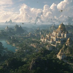 Fototapeta premium Golden domed city in lush mountains with futuristic flying vehicles