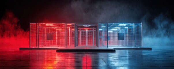 Futuristic steel wireframe structure illuminated with blue and red neon lights