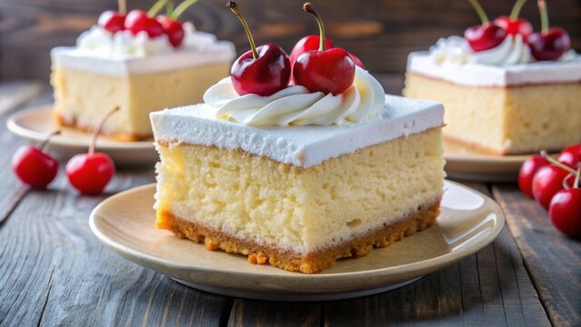 Soft sponge tres leches cake soaked in three milks, topped with whipped cream and strawberries.